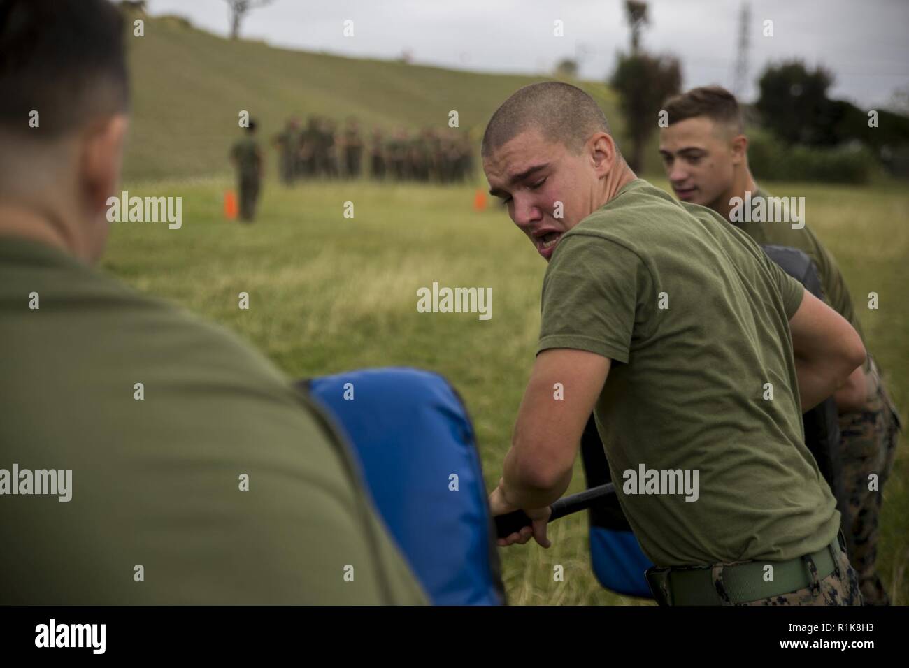 Lance le Cpl. Luke Browne hits les électrodes avec un bâton une fois pulvérisé avec d'oléorésine lors d'une augmentation de la sécurité active (SAF) événement de formation le 11 octobre 2018 sur le Camp Kinser, Okinawa, Japon. La SAF Marines pratiqué les procédures de traitement des détenus et les armes non létales tactique après être aspergé d'aérosol capsique pour apprendre à travailler efficacement et assurer la sécurité tout en étant touchés par la pulvérisation. SAF marines sont formés afin d'augmenter et d'aider les forces de sécurité de base au Marine Corps Base Camp Butler. Browne, originaire de Burlington, au Michigan, est un entrepôt cl Banque D'Images