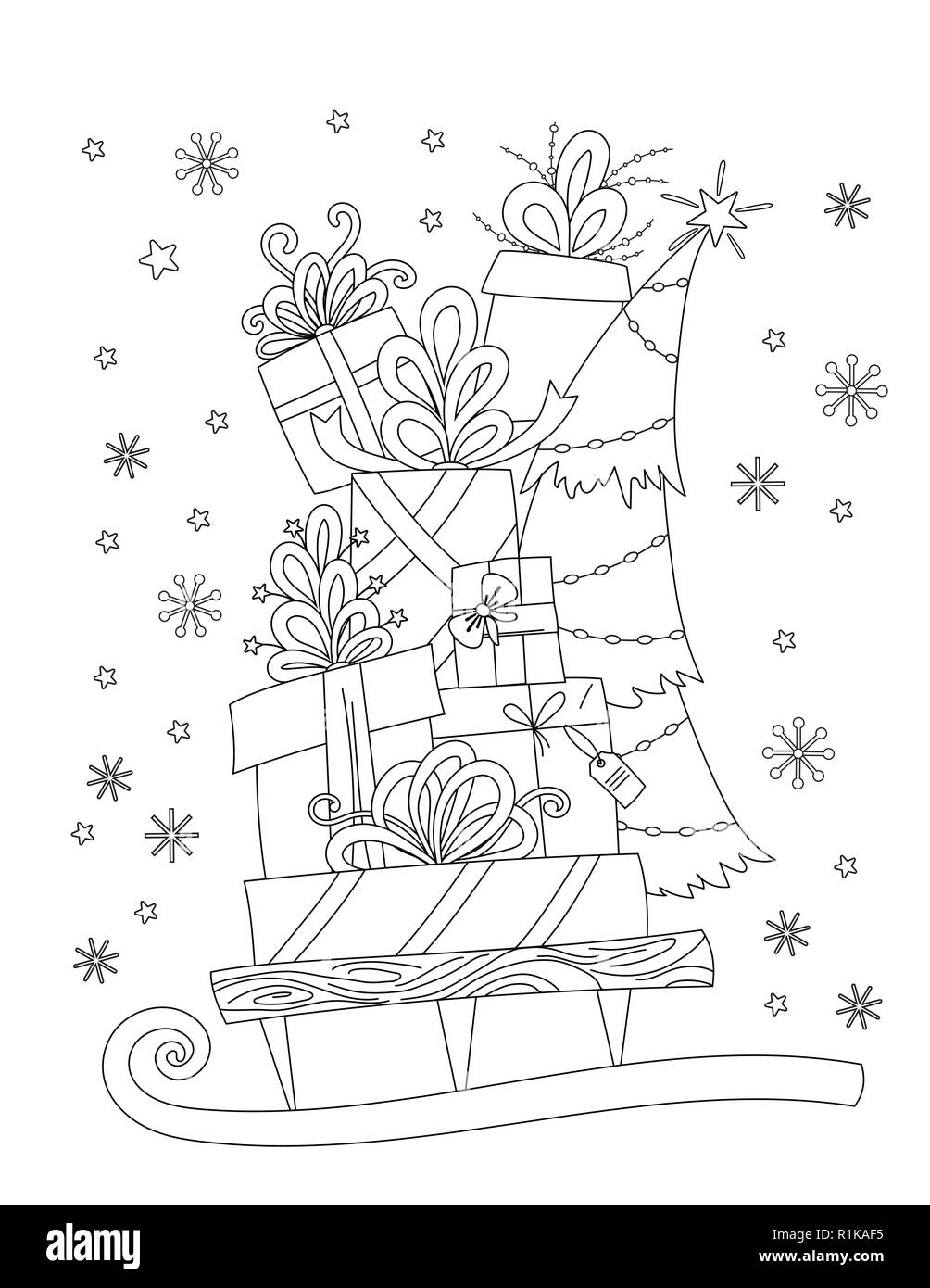 Coloriages de Noël. Livre de coloriage pour les adultes. Pile de vacances présente sur le traîneau. Décoration de Noël, caricature des boîtes-cadeaux, flocons et sapin. Contours dessinés à la main, l'illustration vectorielle. Illustration de Vecteur