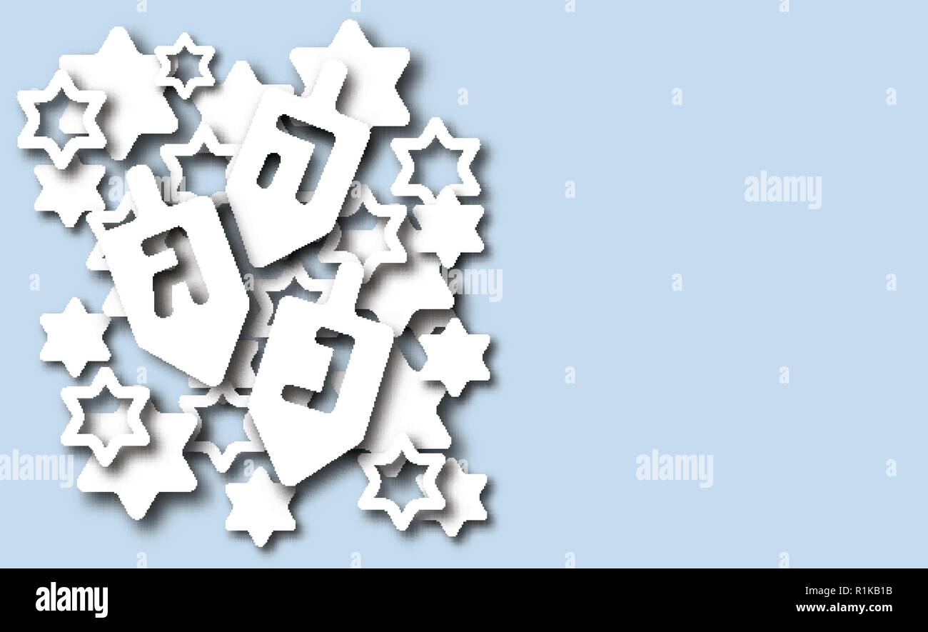 Arrière-plan de Hanoukka avec dreidels, lettres hébraïques et David stars. Coupe papier moderne design pour fête juive de la lumière. Vector illustration avec place pour votre texte Illustration de Vecteur