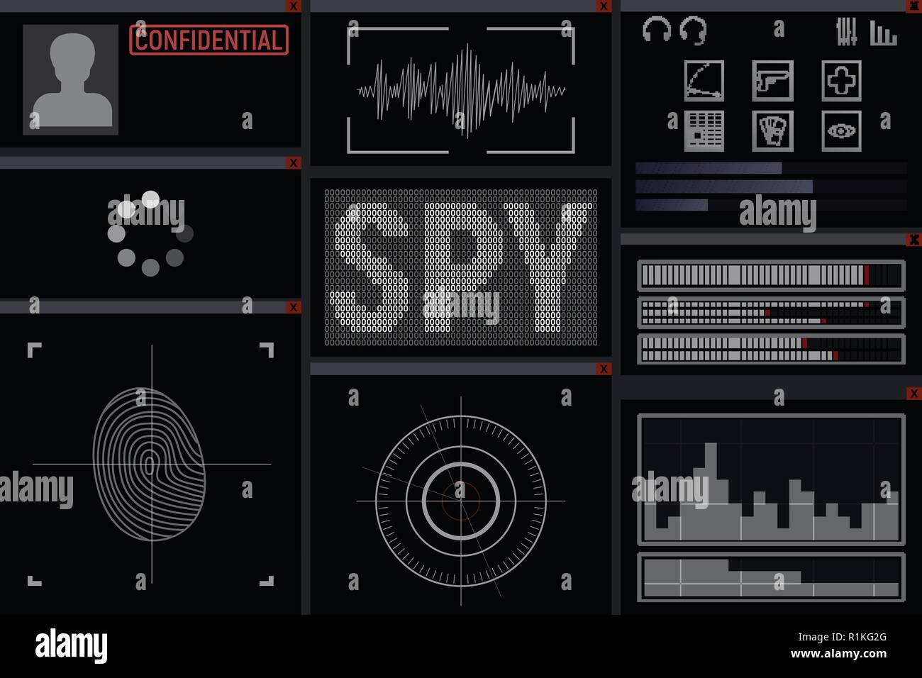 Programme pour l'espion. Vector illustration d'affichage de hacker. Illustration de Vecteur