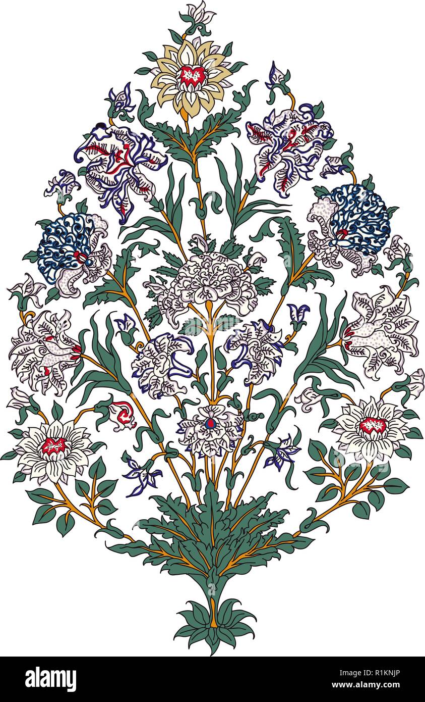 Cale en bois imprimer l'élément floral. Motifs ethniques orientaux traditionnels de l'Inde Jaipur, bouquet de chrysanthèmes, les lys, les roses et les dahlias. Illustration de Vecteur