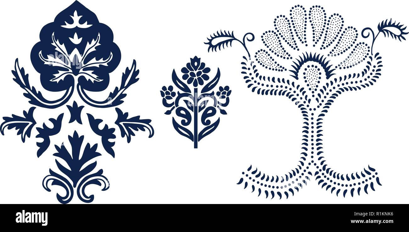 Lot de 3 cale en bois éléments fleurs imprimés pour des motifs damassés. Motifs ethniques orientaux traditionnels de l'Inde, monochrome. Illustration de Vecteur