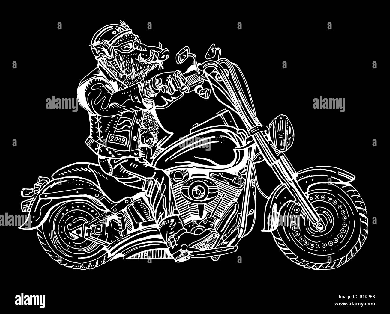 Les sangliers sur moto. Motard, motocycliste. Symbole de 2019 - année du cochon. Hand drawn gravure illustration blanc sur noir. Sticker, poster, Illustration de Vecteur