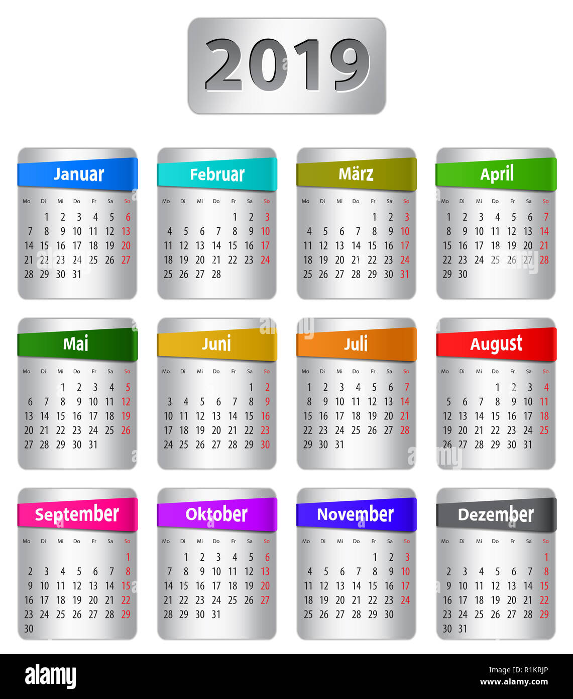 Calendrier pour l'année 2019 en allemand avec des autocollants colorés. Vector Banque D'Images