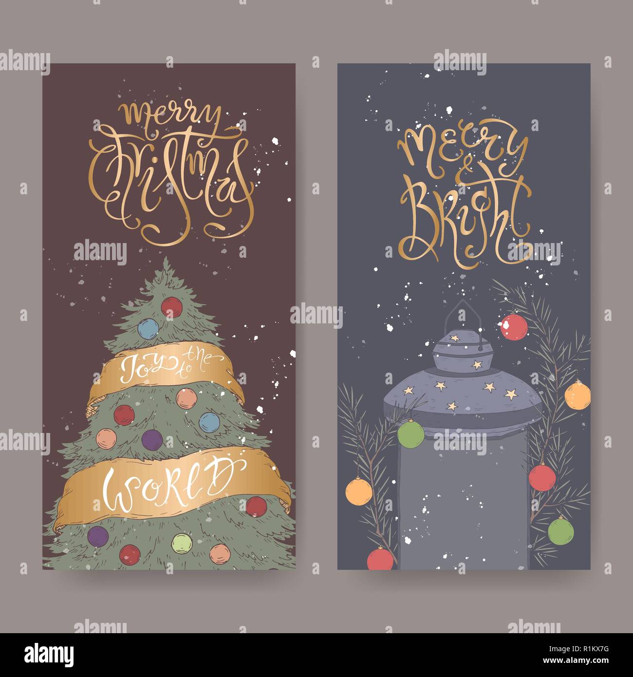 Ensemble de deux bandeaux de couleur avec lettrage brosse de Noël, arbre de Noël décoré et maison de la lanterne. Illustration de Vecteur