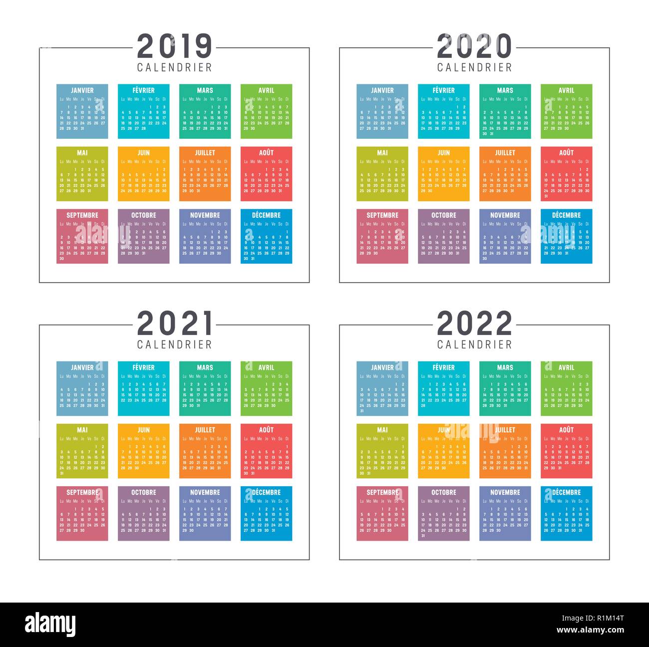 Ensemble de calendriers colorés minimaliste en langue française, des années 2019 2020 2021 2022 semaines, commencer lundi, sur fond blanc - Vecteur de modèles. Illustration de Vecteur