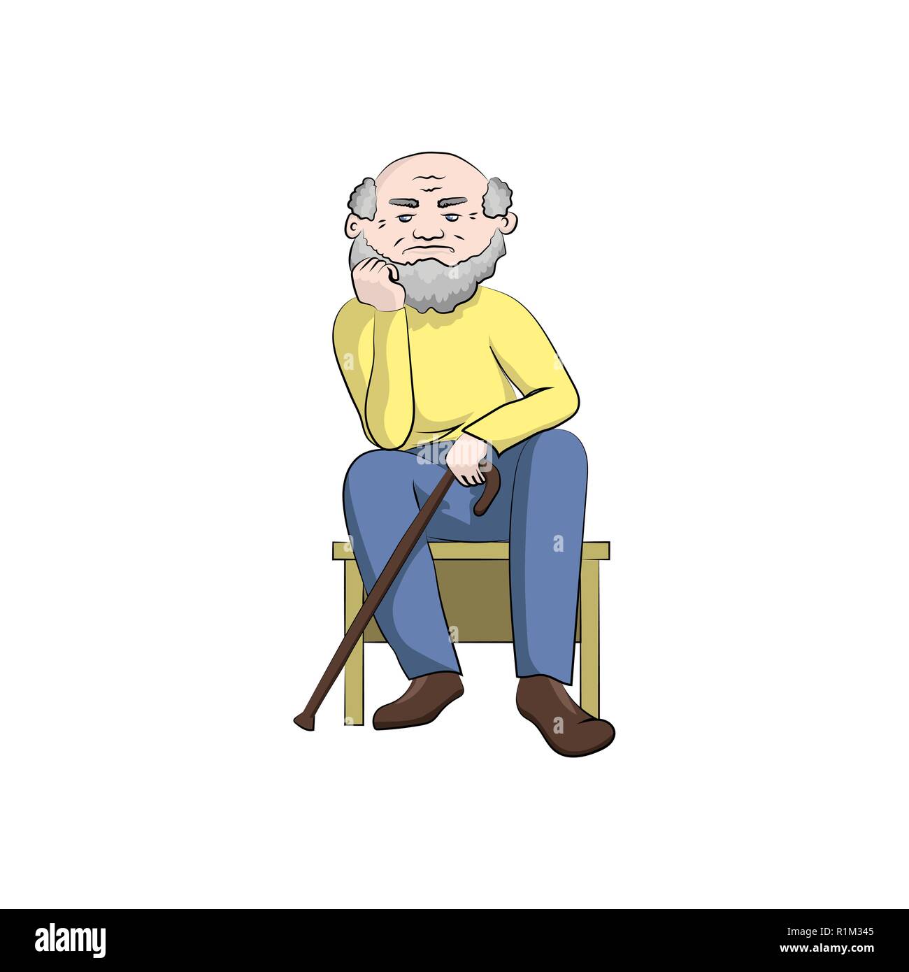 Un grand-père avec une canne, s'assoit et pense. Vector illustration couleur Illustration de Vecteur