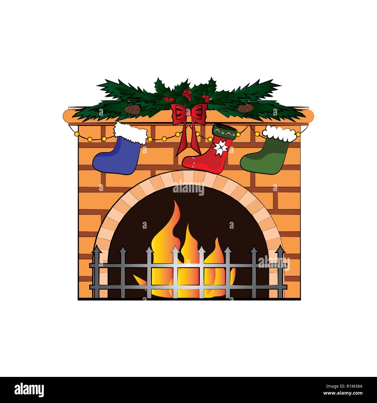 Cheminée avec des décorations de Noël. Vector illustration couleur Illustration de Vecteur