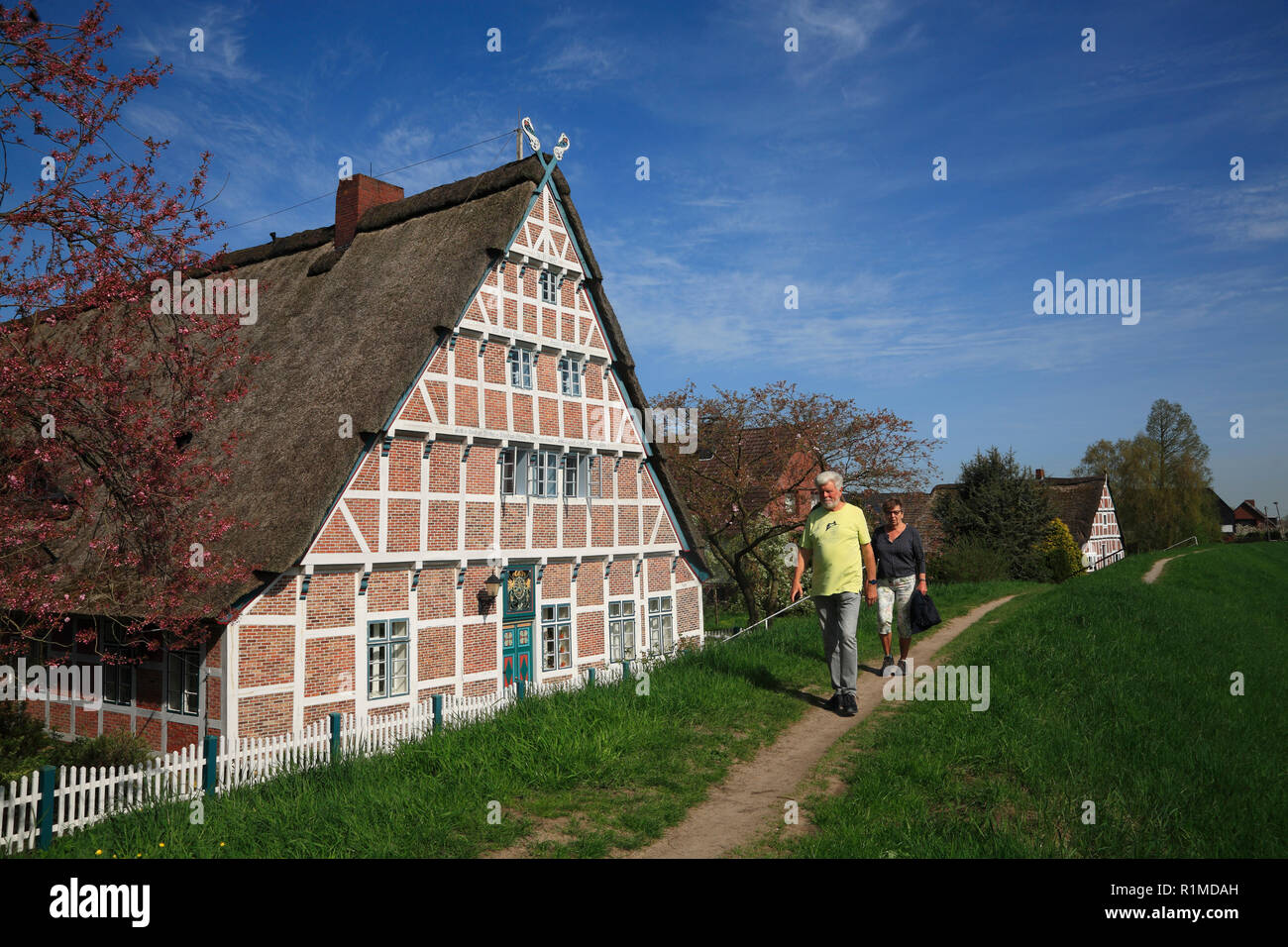 Randonneur en face d'une ancienne ferme à Este-Dyke, Jork-Koenigreich, Altes Land, Basse-Saxe, Allemagne, Europe Banque D'Images