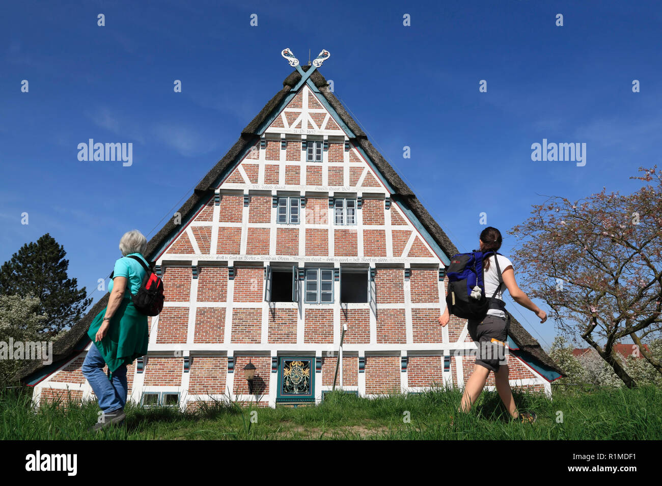 Randonneur en face d'une ancienne ferme à Este-Dyke, Jork-Koenigreich, Altes Land, Basse-Saxe, Allemagne, Europe Banque D'Images