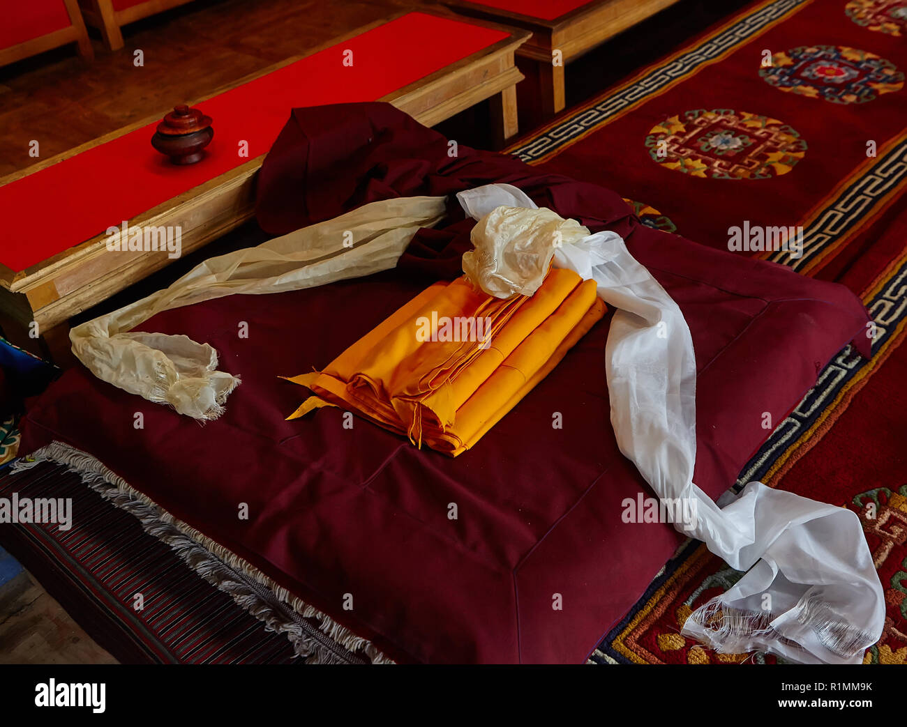 Intérieur coloré d'un monastère bouddhiste de Lamayuru.Ladakh, Inde. Banque D'Images