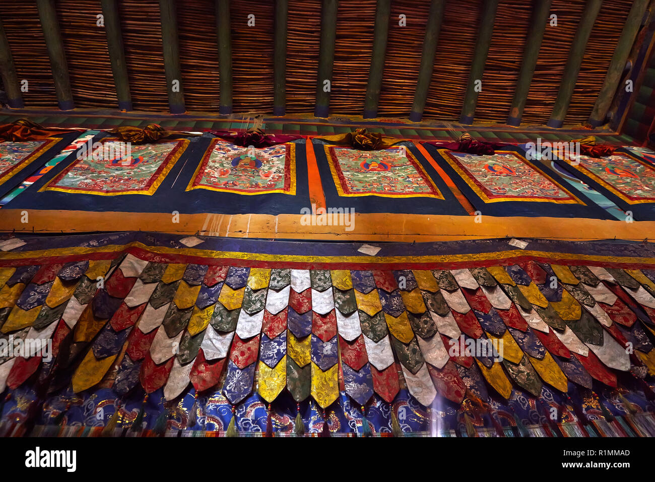 Intérieur coloré d'un monastère bouddhiste de Lamayuru.Ladakh, Inde. Banque D'Images
