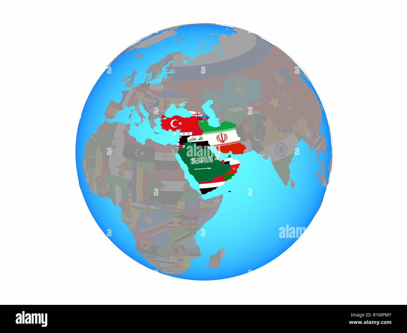 L'Asie de l'ouest avec les drapeaux nationaux sur blue globe politique. 3D illustration isolé sur fond blanc. Banque D'Images