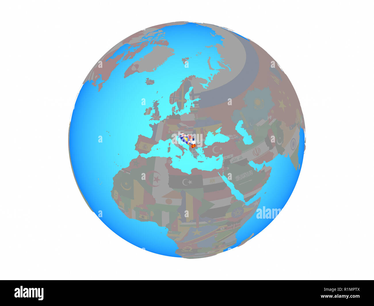 L'ex-Yougoslavie avec les drapeaux nationaux sur blue globe politique. 3D illustration isolé sur fond blanc. Banque D'Images
