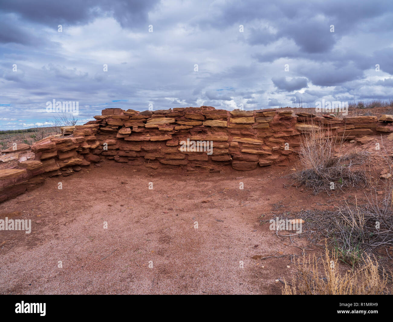 Mur de ruines, Homolovi Ruines Homolovi, site 1 State Park, Winslow, Arizona. Banque D'Images