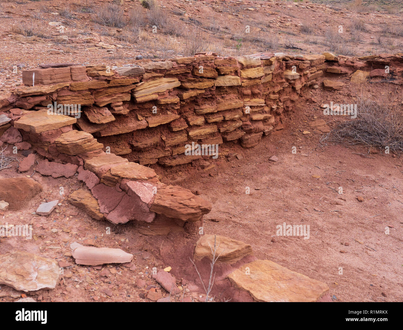 Mur de ruines, Homolovi Ruines Homolovi, site 1 State Park, Winslow, Arizona. Banque D'Images