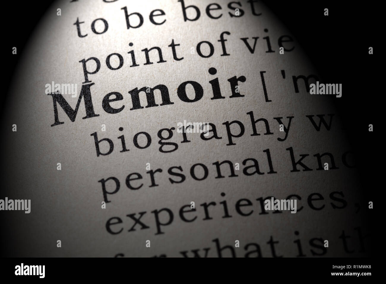 Faux dictionnaire, dictionnaire définition du mot memoir . y compris les principaux termes descriptifs. Banque D'Images