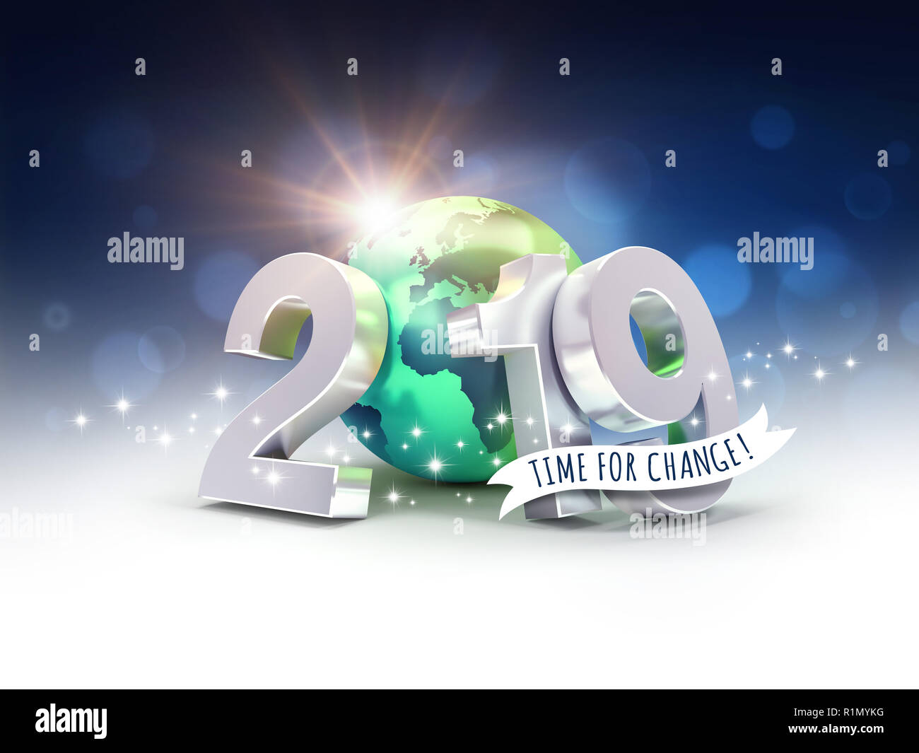 Carte de voeux écologique - Nouvelle année 2019 date numéro composé avec une planète verte la terre, centrée sur l'Europe et l'Afrique, soleil qui brille derrière - 3D illustr Banque D'Images
