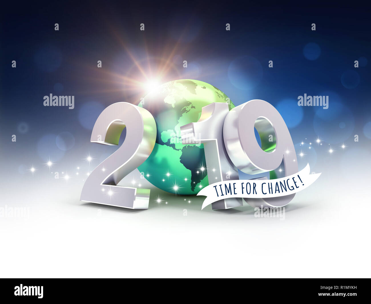 Carte de voeux écologique - Nouvelle année 2019 date numéro composé avec une planète verte la terre, centrée sur l'Amérique, soleil qui brille derrière - 3D illustration Banque D'Images