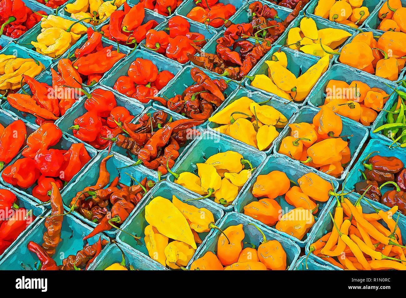 Petits poivrons de couleurs différentes pour la vente au marché vert de Union Square à Manhattan. Manipuler LES COULEURS DANS PHOTOSHOP. Banque D'Images
