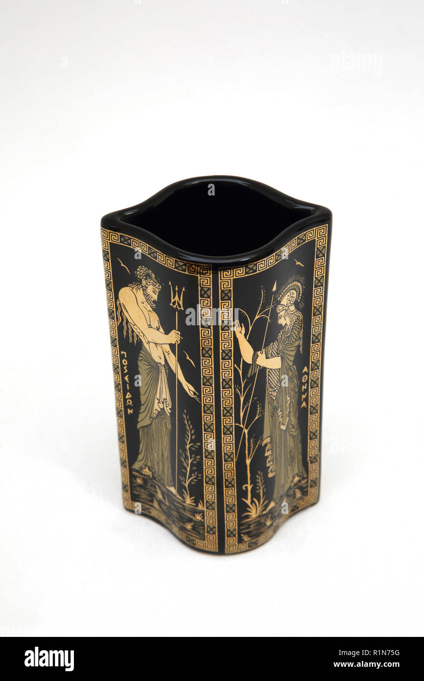 Vase en céramique grecque 24K Design Peint à la main de dieux grecs Poseidon et Athena Banque D'Images