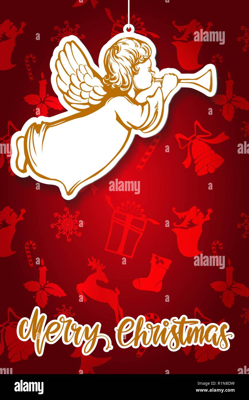 Angel vole et joue de la trompette , symbole religieux du Christianisme hand drawn vector illustration croquis Illustration de Vecteur