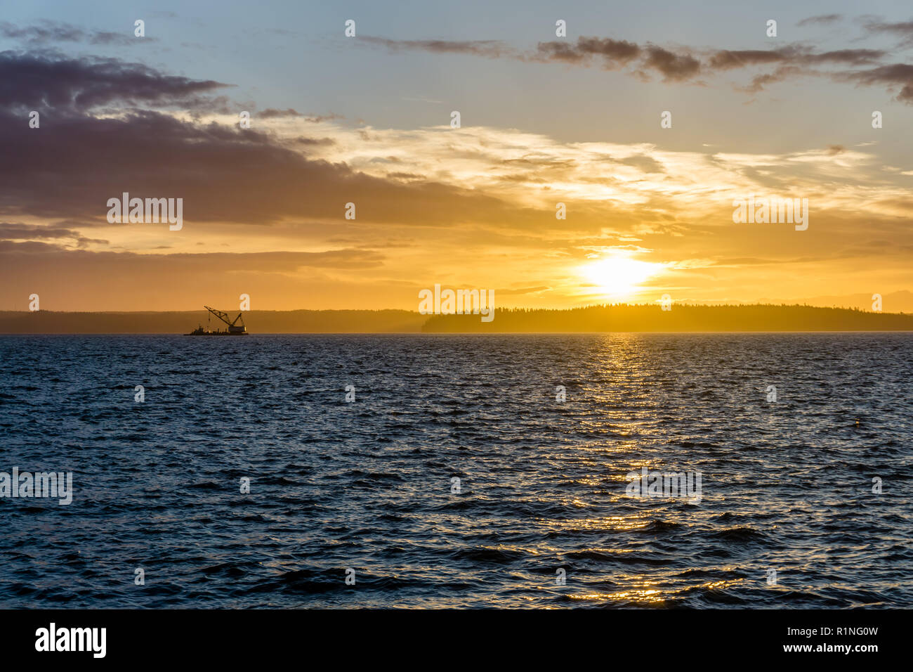 Vue d'un navire Crane et golden coucher du soleil sur le Puget Sound à l'Ouest de Seattle, Washington. Banque D'Images