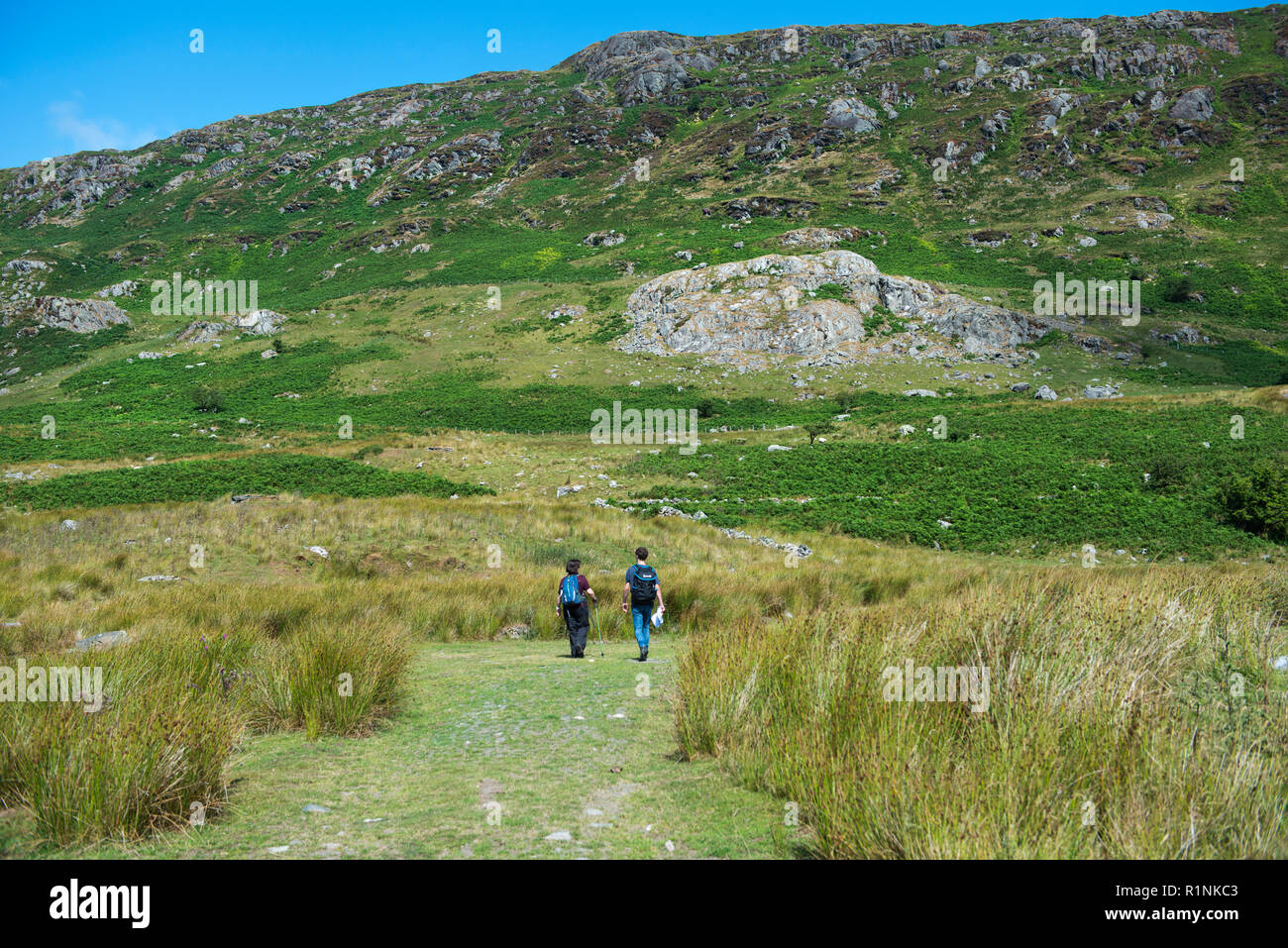Deux Randonneurs marchant dans les montagnes de Snowdonia National Park dans le Nord du Pays de Galles Banque D'Images