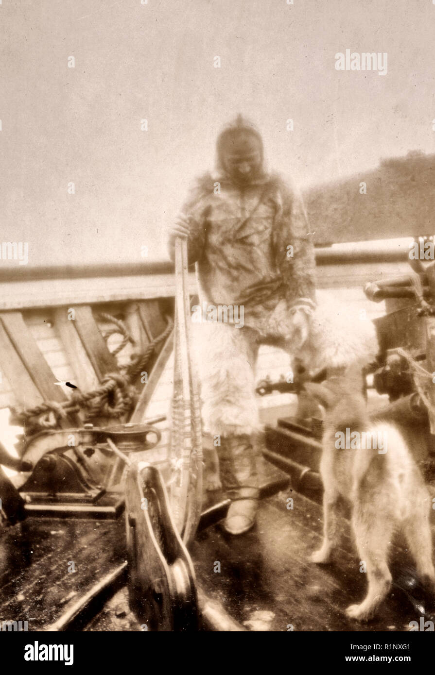 Matt Henson (de l'équipage de Peary) en costume de l'Arctique sur le pont du "Roosevelt" à l'arrivée à Sidney, en Nouvelle-Écosse - Matthew Henson, portrait en pied, debout, appuyé sur les raquettes et tendant vers le chien. Vers 1906. Matthew Henson, Un explorateur Américain africain qui a été membre de l'expédition Peary qui a été le premier au Pôle Nord Banque D'Images