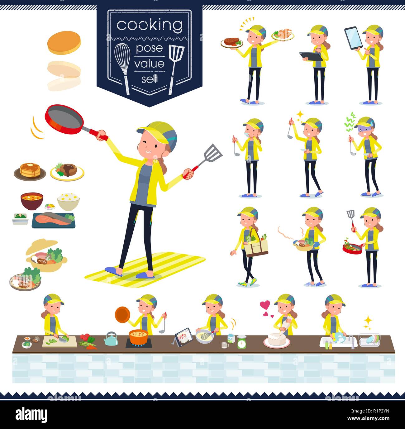 Un ensemble de la femme dans les vêtements de sport sur la cuisine.Il y a des mesures qui sont la cuisson de diverses façons dans la cuisine.C'est vectoriel, il est donc facile à modifier. Illustration de Vecteur