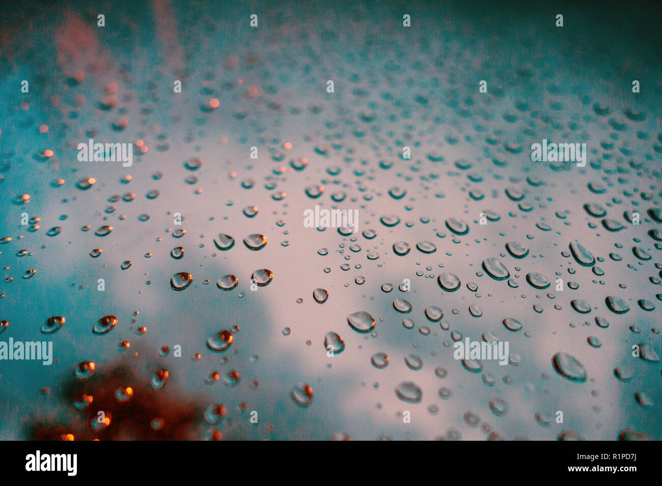 Gros plan très photographie de gouttes de pluie sur la fenêtre en verre de couleur verte avec ciel dans l'arrière-plan Banque D'Images
