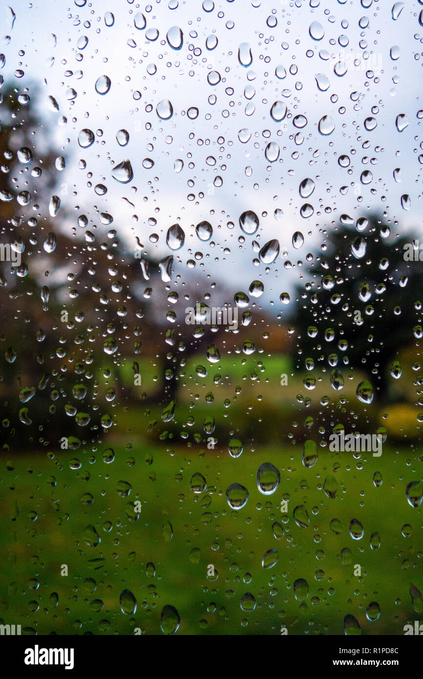 Gouttes de pluie sur la fenêtre de verre contre jardin scène avec ciel lumineux, arbres et pelouse au-delà Banque D'Images