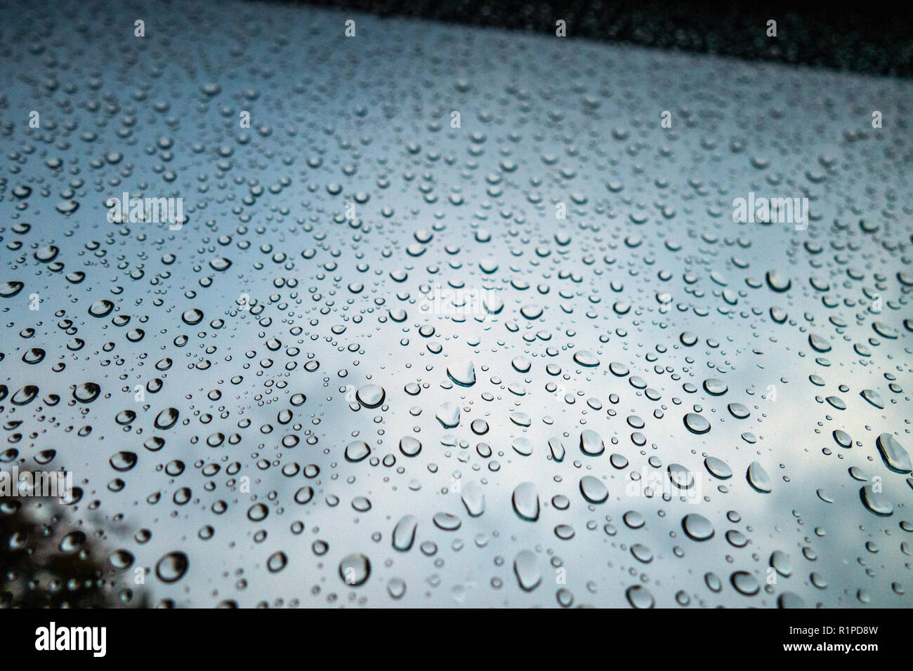Gouttes de pluie sur fenêtre contre ciel sombre sombre Banque D'Images