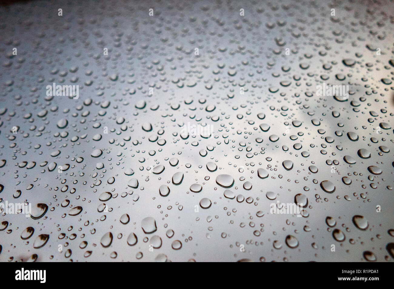 Gouttes de pluie sur fenêtre contre ciel sombre sombre Banque D'Images