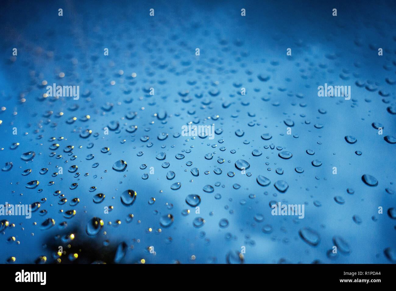 Gros plan très photographie de gouttes de pluie sur la fenêtre en verre avec ciel sombre à l'arrière-plan Banque D'Images