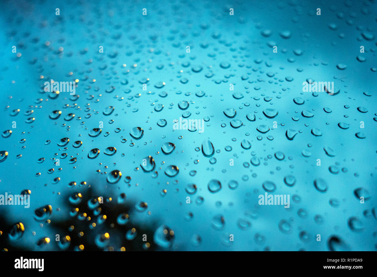 Gros plan très photographie de gouttes de pluie sur la fenêtre en verre avec ciel sombre à l'arrière-plan Banque D'Images