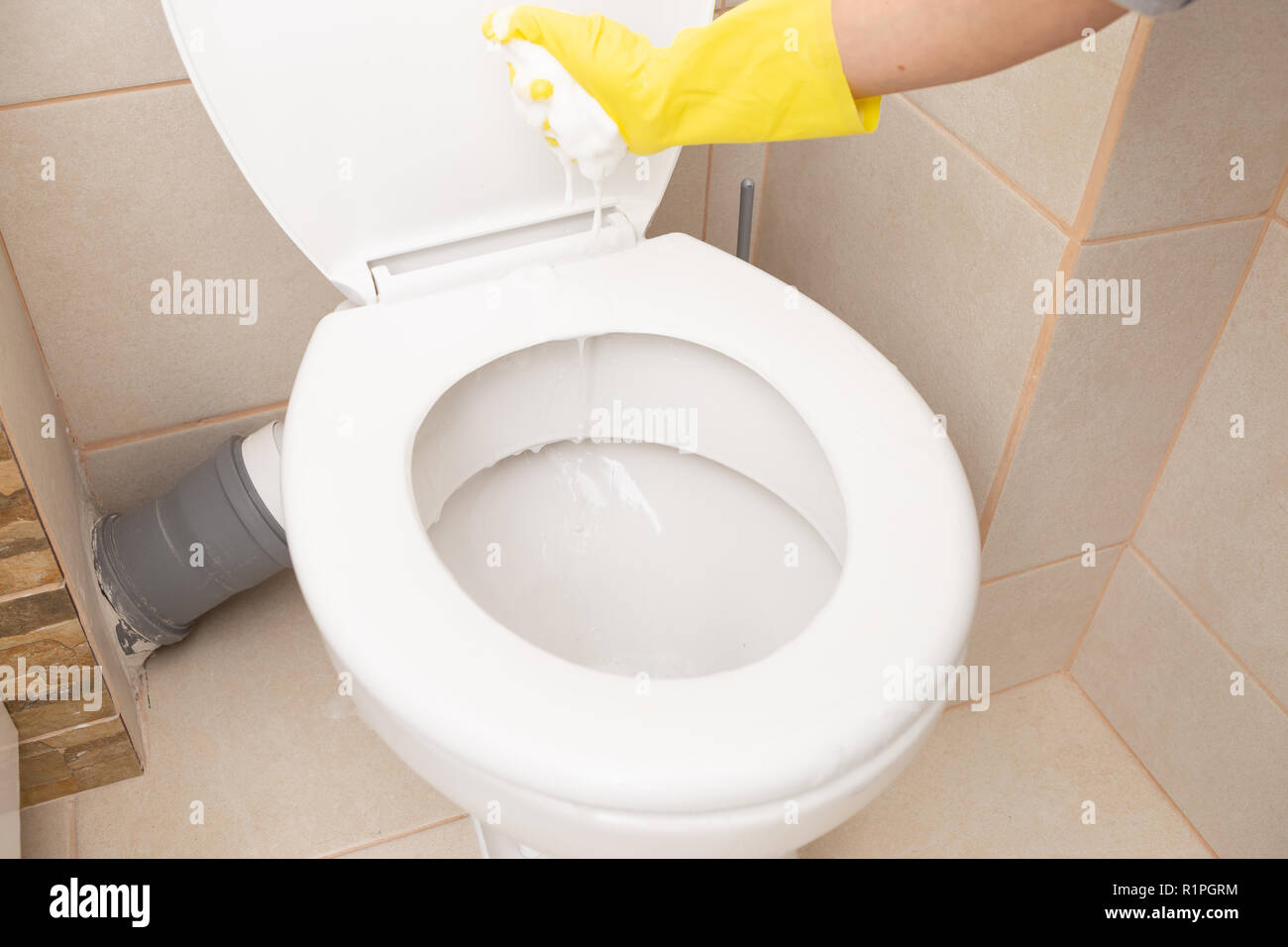 Personne évincer tout en éponge de mousse en porcelaine blanche de la cuvette des toilettes Banque D'Images
