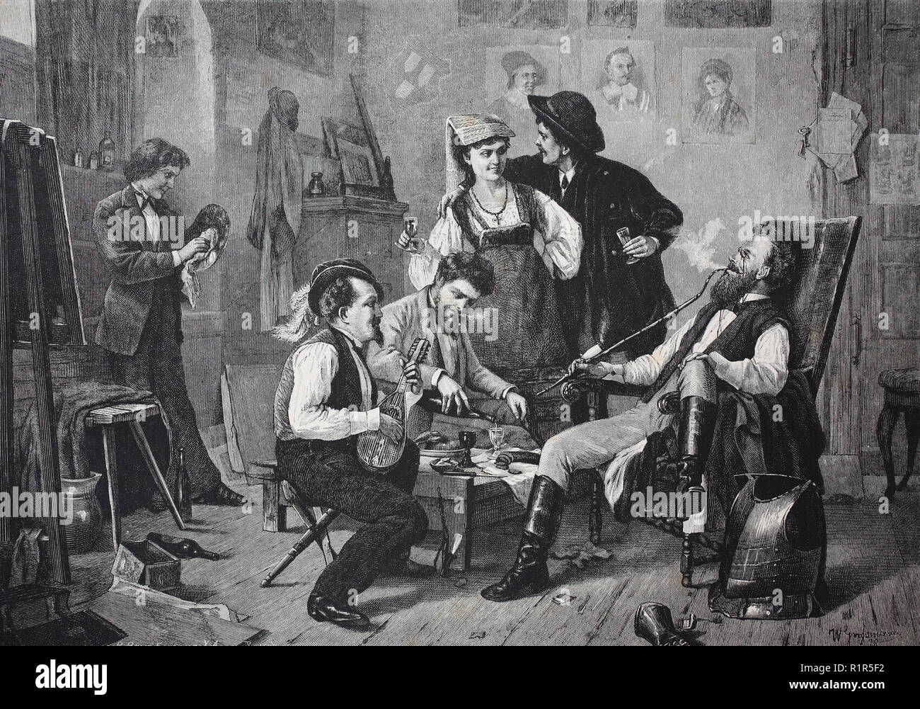 L'amélioration de la reproduction numérique, après l'ambiance de travail avec une famille distinguée, avec la house music, du vin et du tabac pipe, tirage original de l'année 1880 Banque D'Images