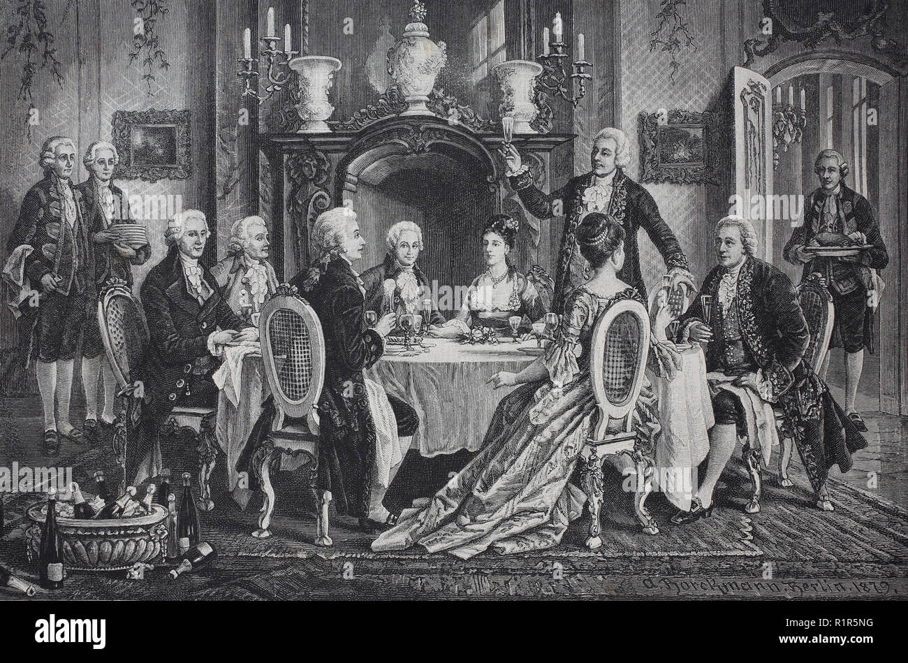 L'amélioration de la reproduction numérique, une table de fête en l'honneur de Mozart dans la chambre de Schikaneder, Emanuel Schikanede, 1751-1812, né Johann Joseph Schickeneder, était un impresario, dramaturge, acteur, chanteur, et compositeur, tirage original de l'année 1880 Banque D'Images