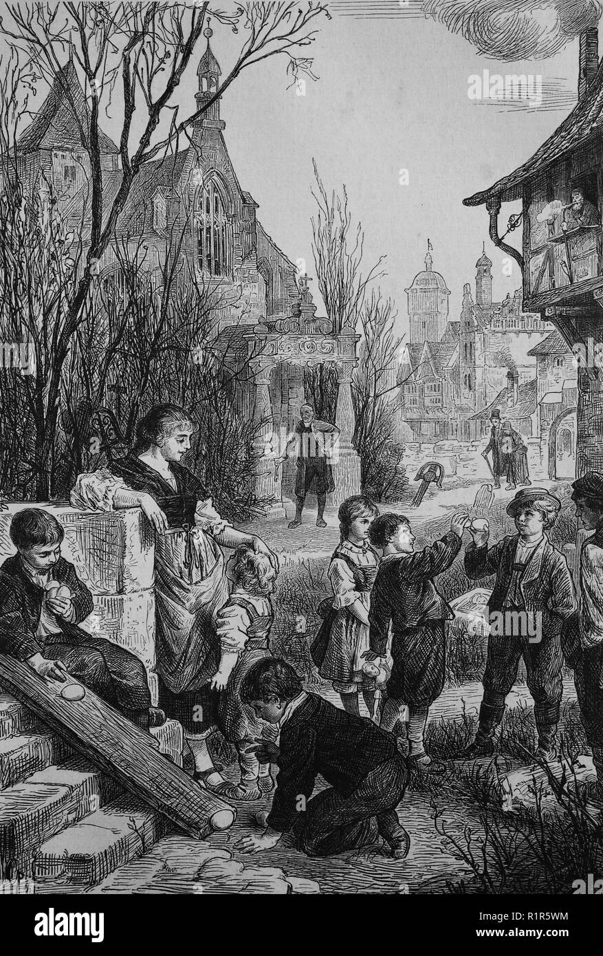 L'amélioration de la reproduction numérique, les enfants jouant avec des jeux de pâques oeufs de Pâques, de l'estampe originale à partir de l'année 1880 Banque D'Images