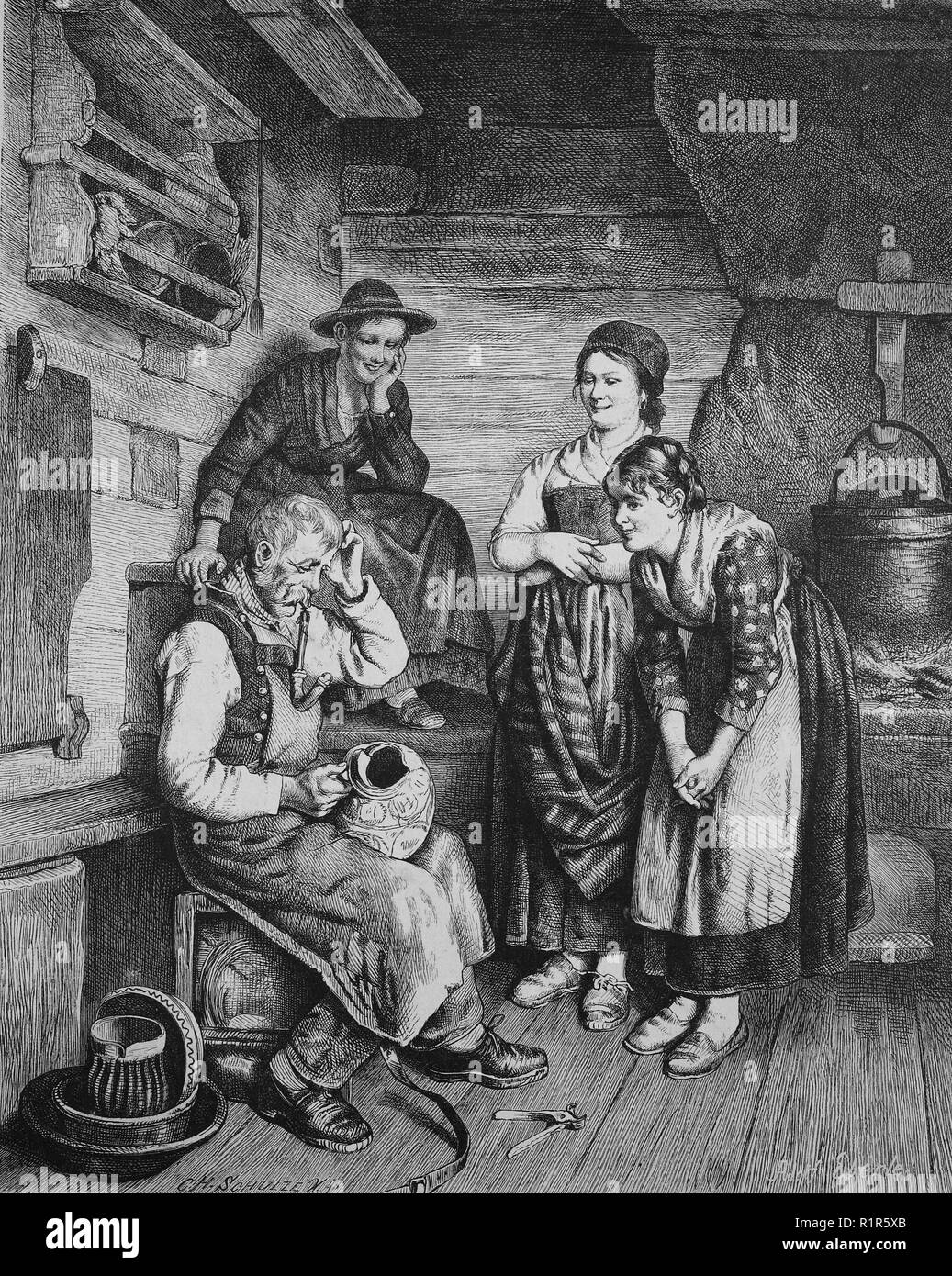 L'amélioration de la reproduction numérique, artisan tente de réparer un pot  cassé, tirage original de l'année 1880 Photo Stock - Alamy