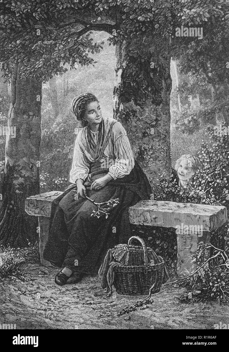 L'amélioration de la reproduction numérique, jeune mère est assise sur un banc, sa fille joue à cache-cache, de l'estampe originale à partir de l'année 1880 Banque D'Images