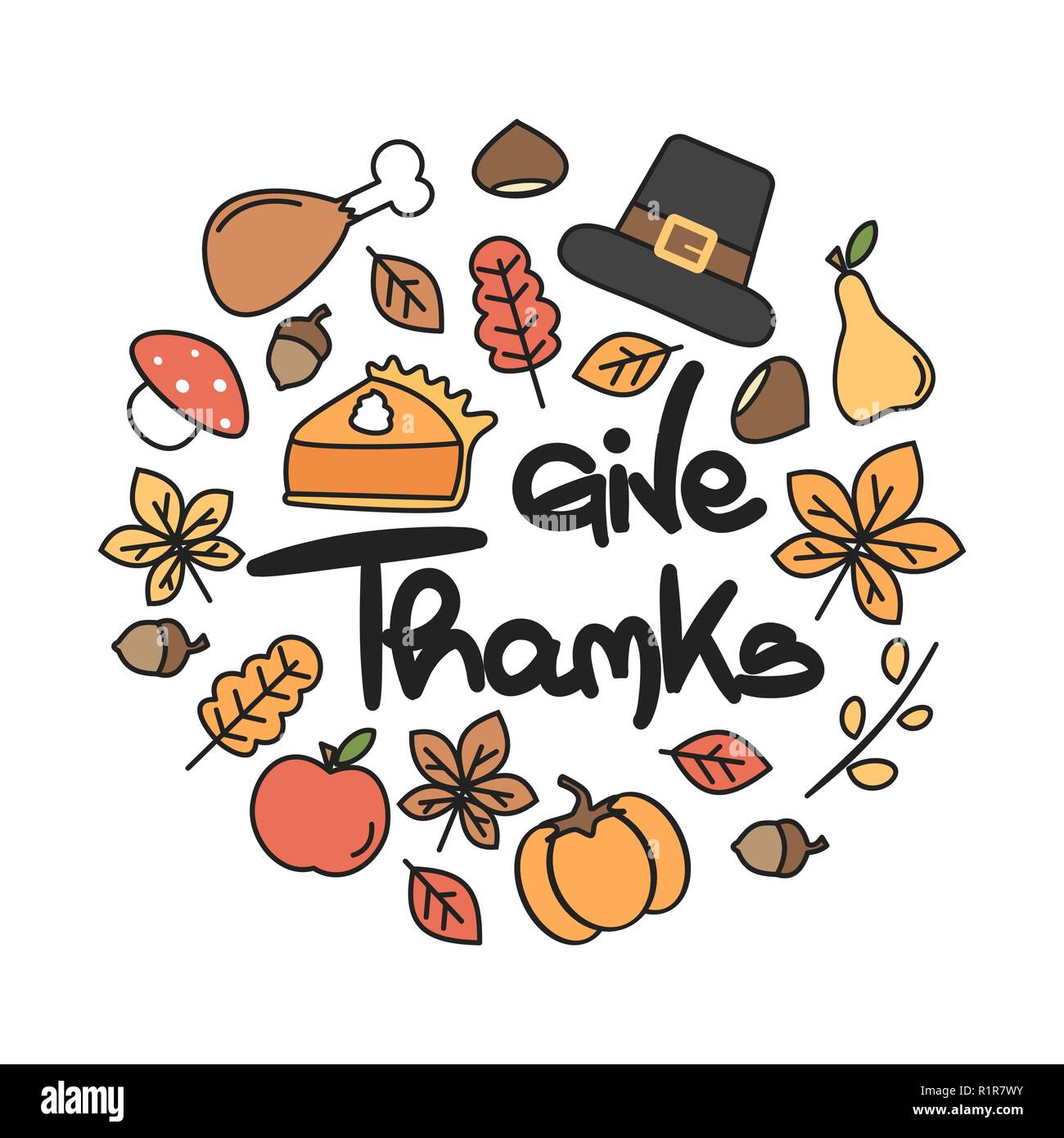 Cute cartoon modèle cercle avec lettrage dessiné à la main grâce à du texte, des glands, potiron, Tarte, pomme, Turquie, Pilgrim hat, de châtaignes, de feuilles, de poire et de Illustration de Vecteur