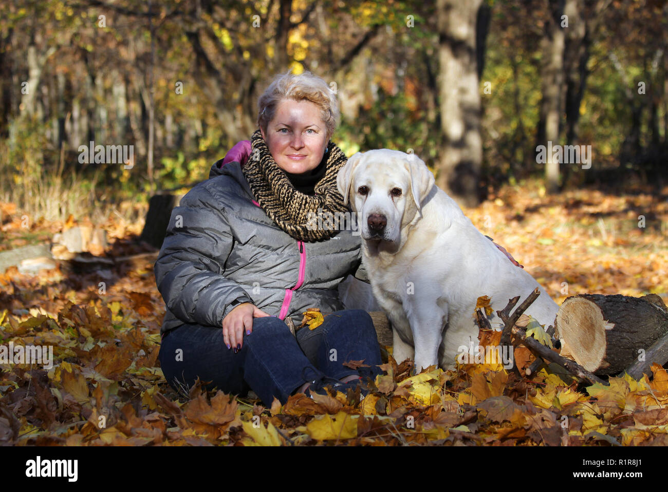 Femme heureuse avec son labrador sur le parc en automne à nice day Banque D'Images