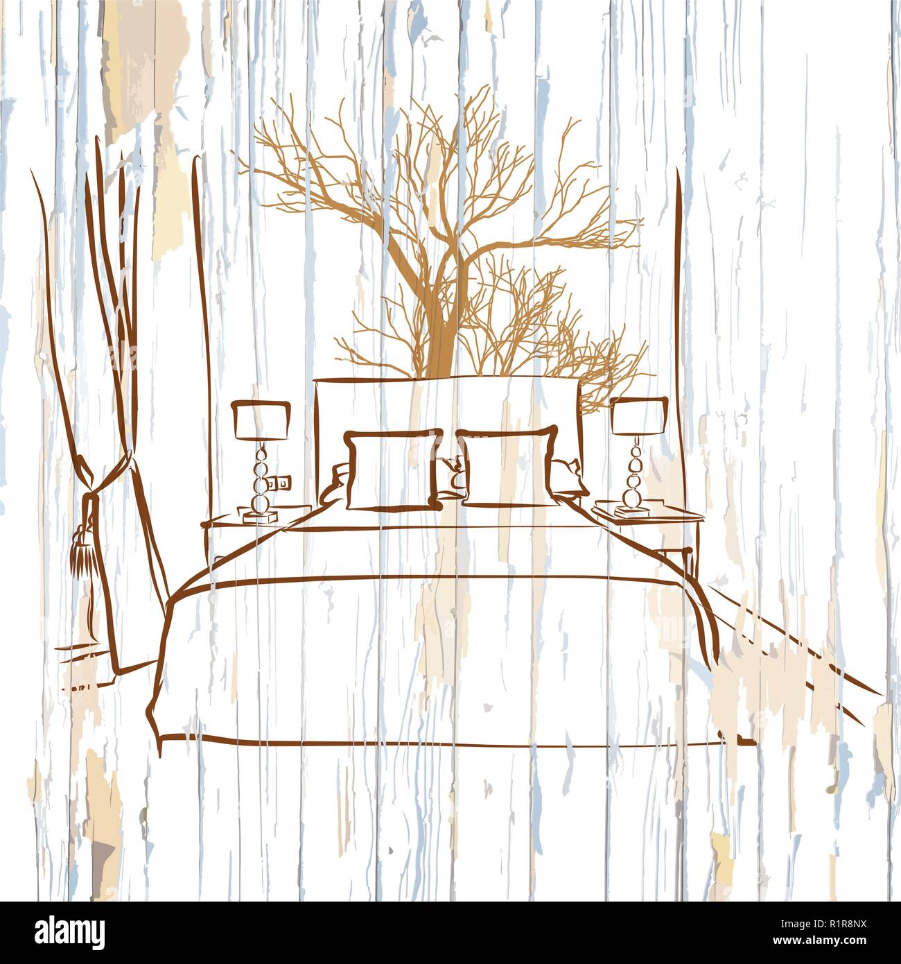 Chambre d'hôtel king size sur le bois. Vecteur dessiné à la main vintage illustration. Illustration de Vecteur
