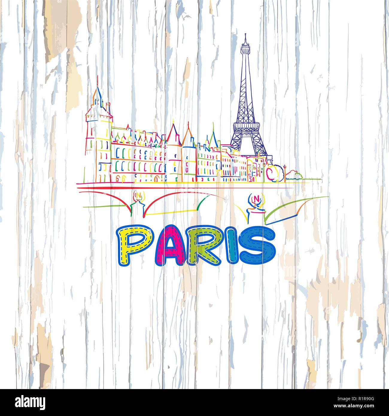 Dessin Paris colorés sur fond de bois. Hand drawn vector illustration. Illustration de Vecteur