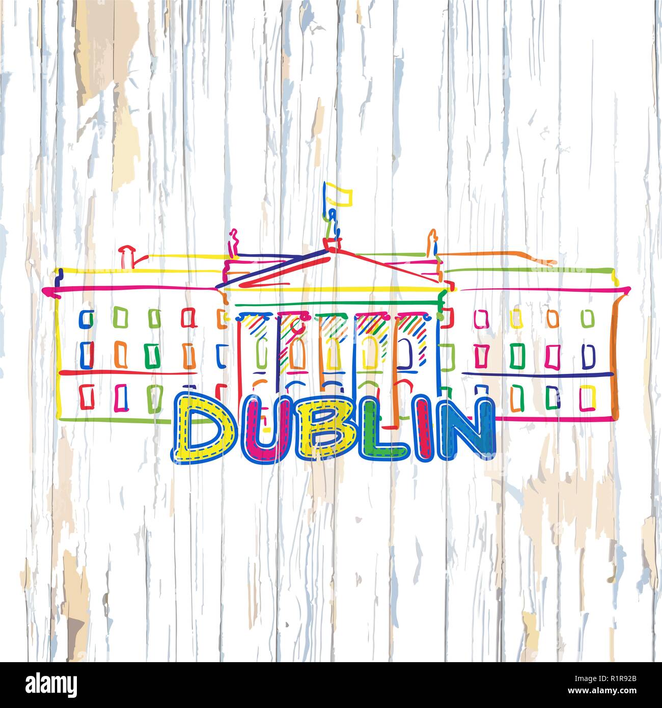 Dessin de Dublin colorés sur fond de bois. Hand drawn vector illustration. Illustration de Vecteur
