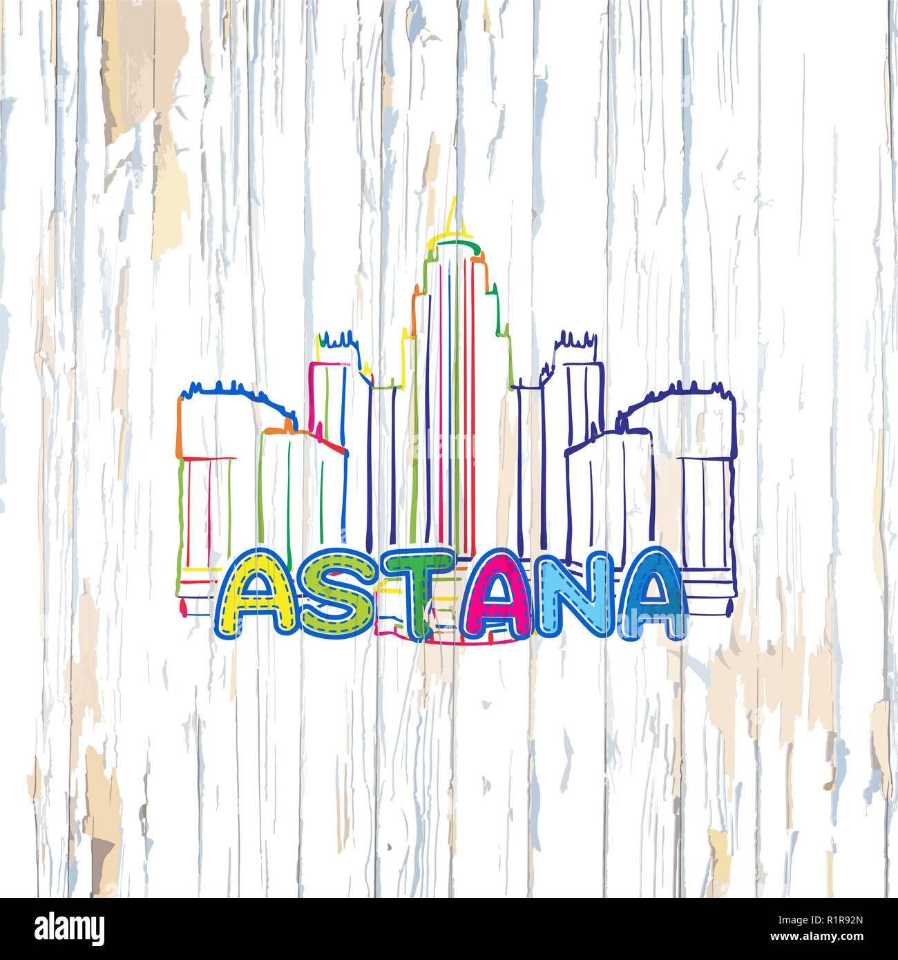 Dessin d'Astana colorés sur fond de bois. Hand drawn vector illustration. Illustration de Vecteur