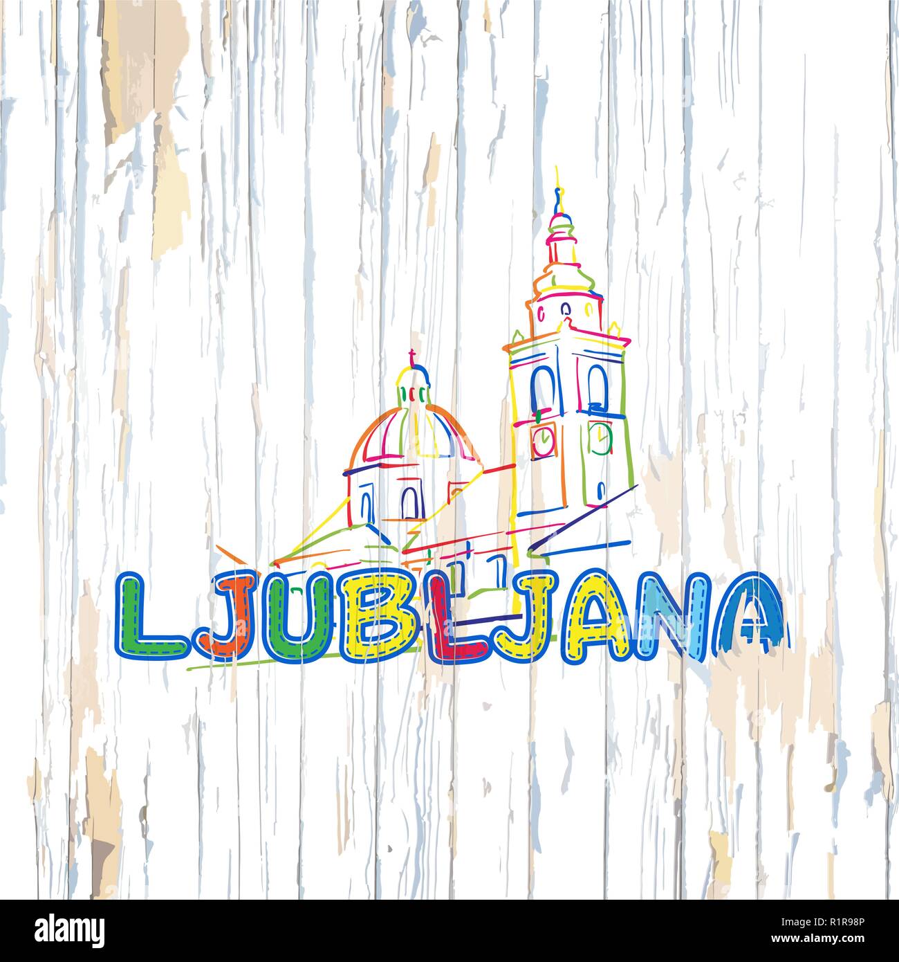 Dessin de Ljubljana colorés sur fond de bois. Hand drawn vector illustration. Illustration de Vecteur