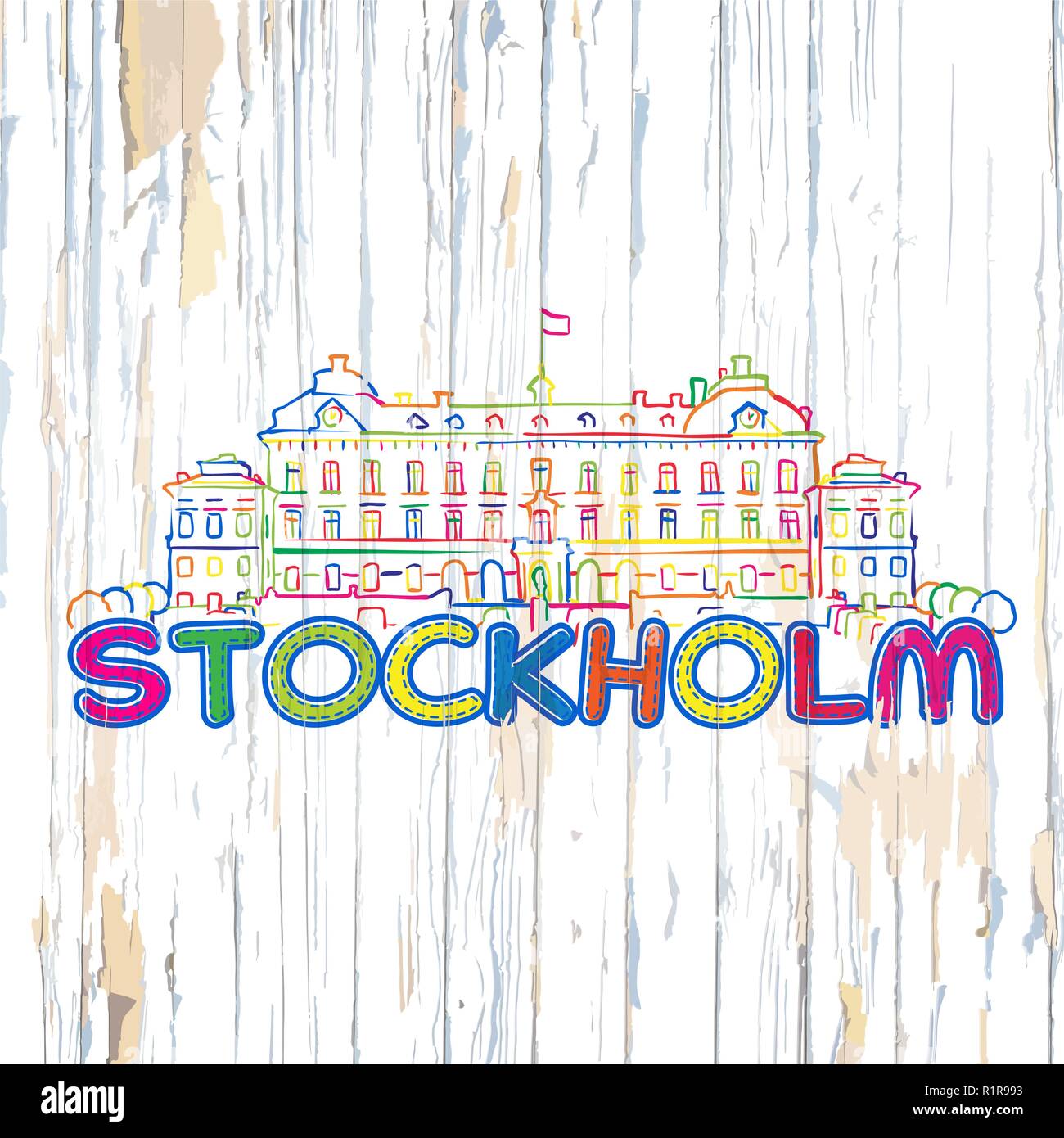 Dessin de Stockholm colorés sur fond de bois. Hand drawn vector illustration. Illustration de Vecteur